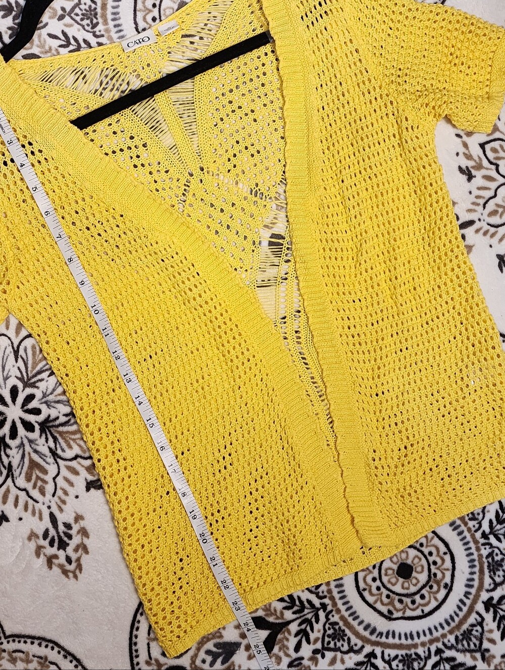 Cato Open-Front Yellow Crochet Short-Sleeve Cardigan - Picture 8 of 9